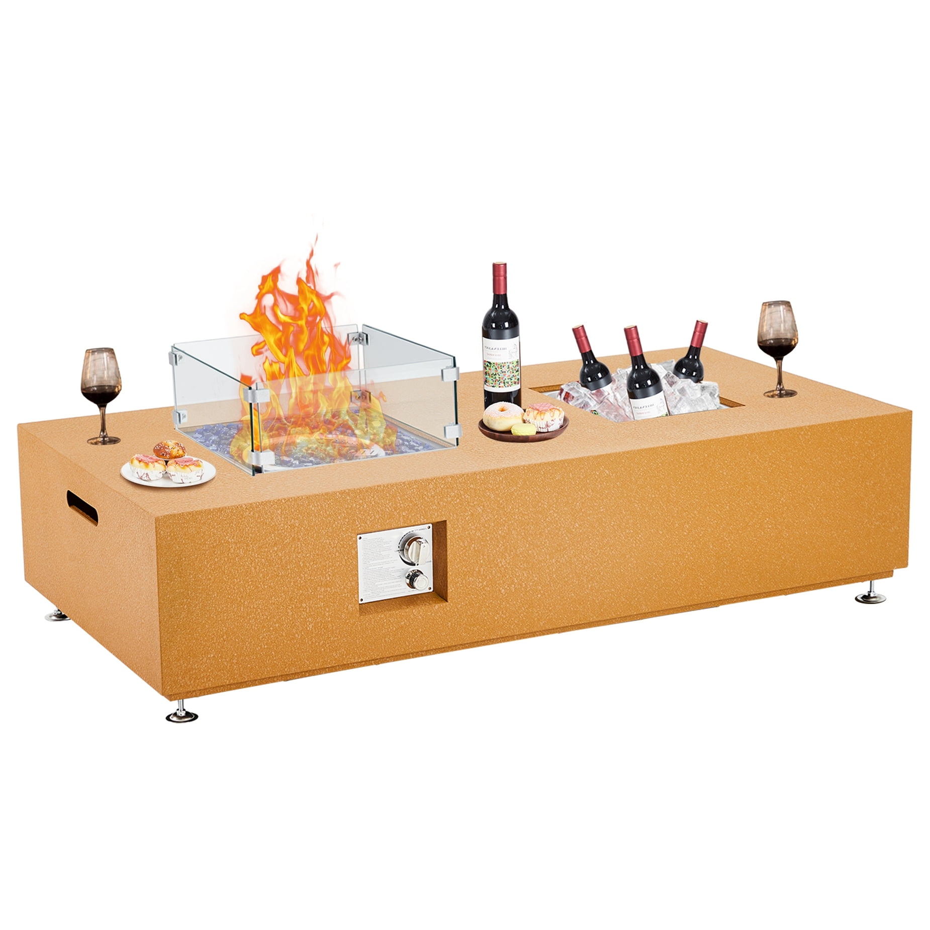 Adoolla 56" Patio Propane Fire Pit Dining Table with Ice Bucket, Wind Guard & Rain Cover