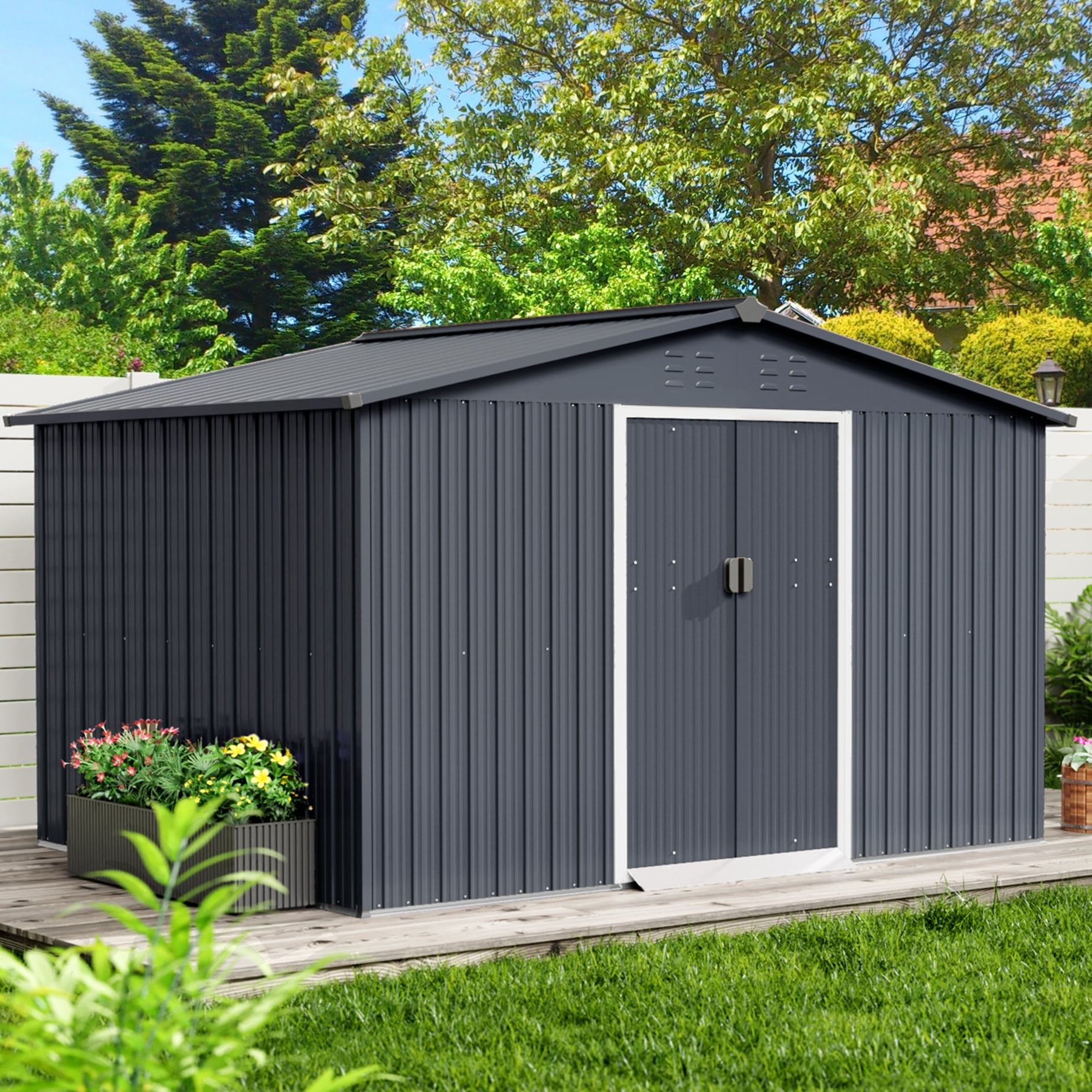 8' x 10' Dark Gray Steel Outdoor Storage Shed with Lockable Sliding Doors