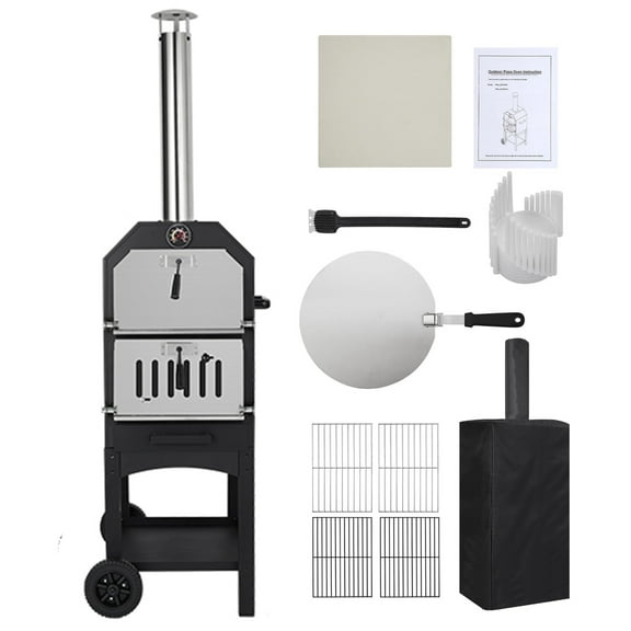 Adoolla Wood-Fired Pizza Oven on Wheels for Outside with 12" Pizza Stone, Pizza Peel, Grill Rack & Protective Cover