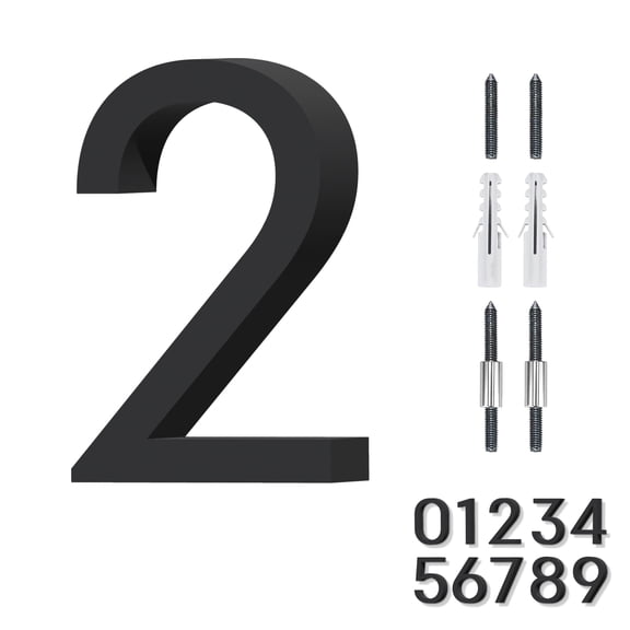 Adoorn 6 Inch, House Numbers, Weather-Resistant, Modern Address Numbers for House, Apartment, and Building, Aluminum, Number 2 - Black