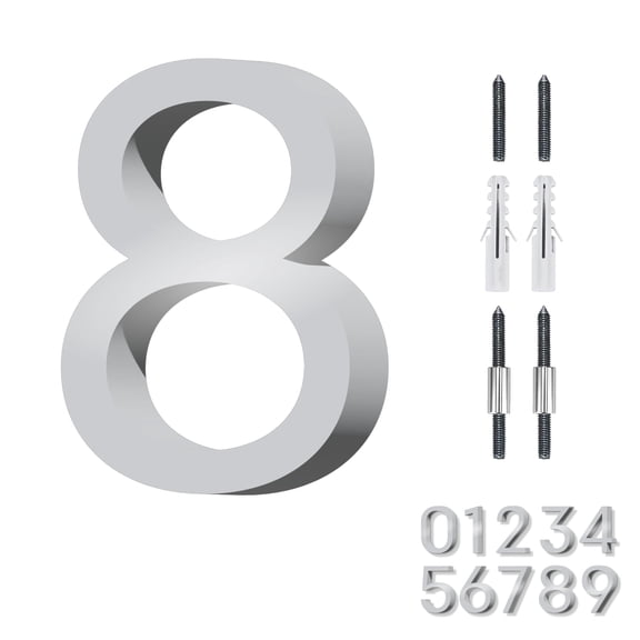 Adoorn 6 Inch Modern House Numbers, Weather-Resistant Address Numbers for House, Apartment, and Building, Aluminum, Number 8 - Silver