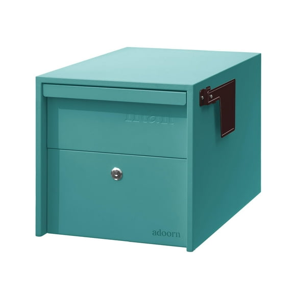 Adoorn Lockable Post Mount Mailbox | Small (Aegean Sea), Size 12 x 12 x 18.5 (HxWxD) Anti-Theft Locking Mailbox with 2 Keys, Modern Mailbox with Flag, Weatherproof Mailboxes for Outside