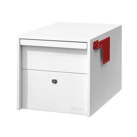 Adoorn Lockable Post Mount Mailbox | White, Small 12 x 12 x 18.5 (HxWxD) Anti-Theft Locking Mailbox with 2 Keys, Modern Mailbox with Flag, Weatherproof Mailboxes for Outside