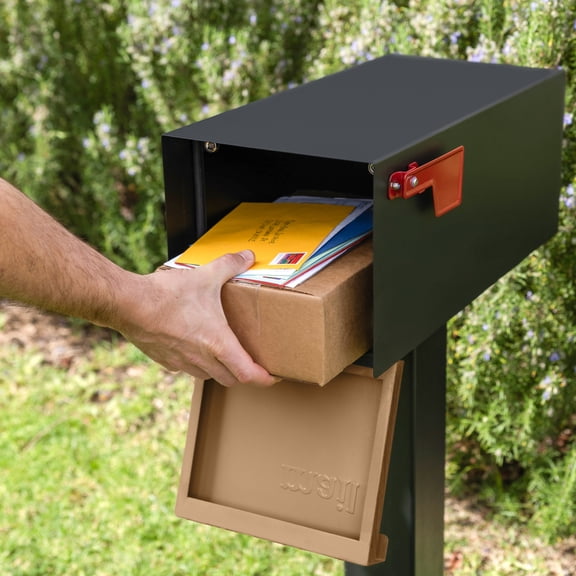 Adoorn Post Mount Mailboxes, 9.5 x 9.5 x 20.75 (HxWxD) Large, Galvanized Steel Modern Mailbox, for Daily Letters, Magazines and Packages, Weatherproof with 1.2 Degree Sloped Roof - Walnut