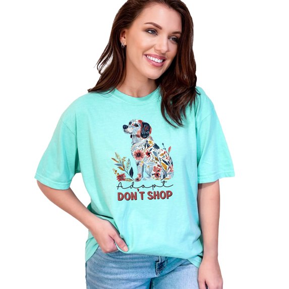 Adopt Don't Shop T-Shirt, Shelter Dog Graphic Tee, Rescue Pet Lover Shirt, Floral Dog Print Top, Animal Adoption Gift, Casual Wear, Chalky Mint Comfort Colors T-Shirt, Small