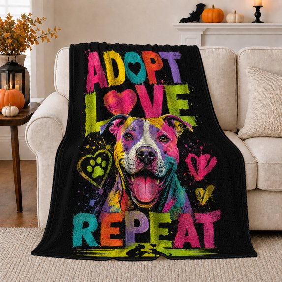 Adopt Love Repeat Dog Quote with Colorful Pit Bull, Uplifting Pop Art Pet Motif for Dog Lovers, Pet Adoption Gift, Cozy Flannel Blanket for Family Room and Bedroom, Fun Home Decor