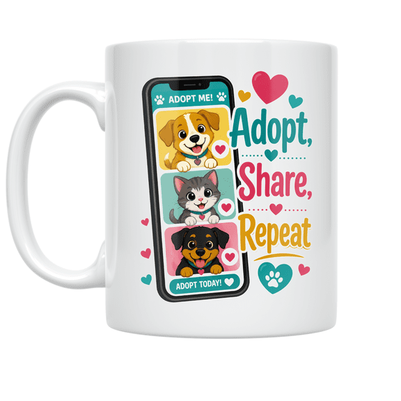 Adopt Share Repeat Pet Adoption Support - Animal Lover - 11 oz Ceramic Coffee Mug