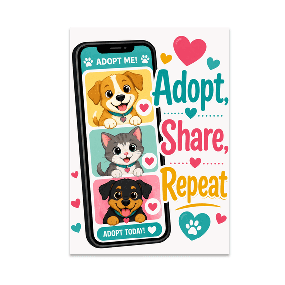 Adopt Share Repeat Pet Adoption Support - Animal Lover - 13x19 Poster Print