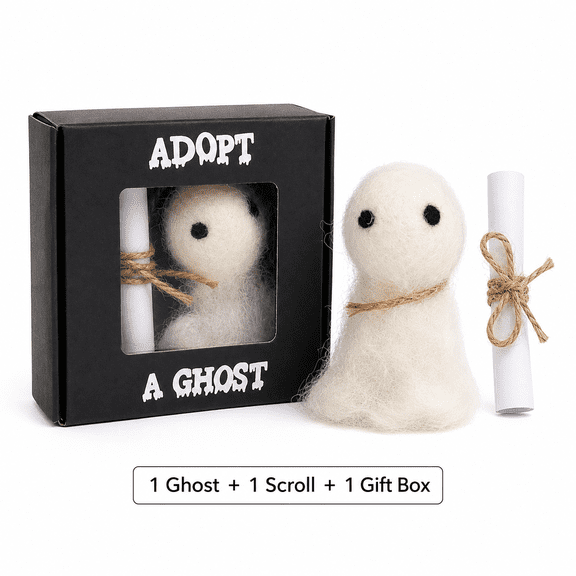 Adopt a Ghost Mini Felt Figurine in Gift Box, Cute Spooky Shelf Decor with Scroll Card, Halloween Desk Decoration, Novelty Gift