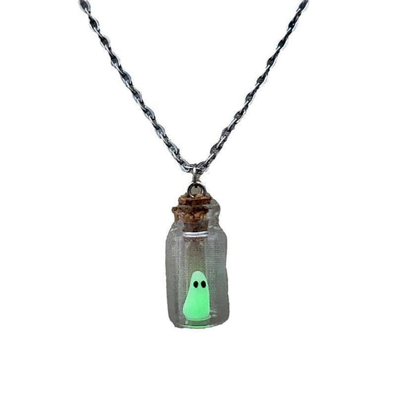 Adopt a Ghost Necklace Set - Glow in The Dark Ghost Bottle Pendant & Earrings, Spooky Cute Halloween Jewelry for Adults
