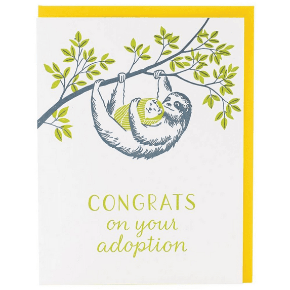 Adoption Congrats Card with Sloth Design – "Congrats on Your Adoption" – Cute and Playful Greeting Card for New Parents – Blank Inside with Envelope Included