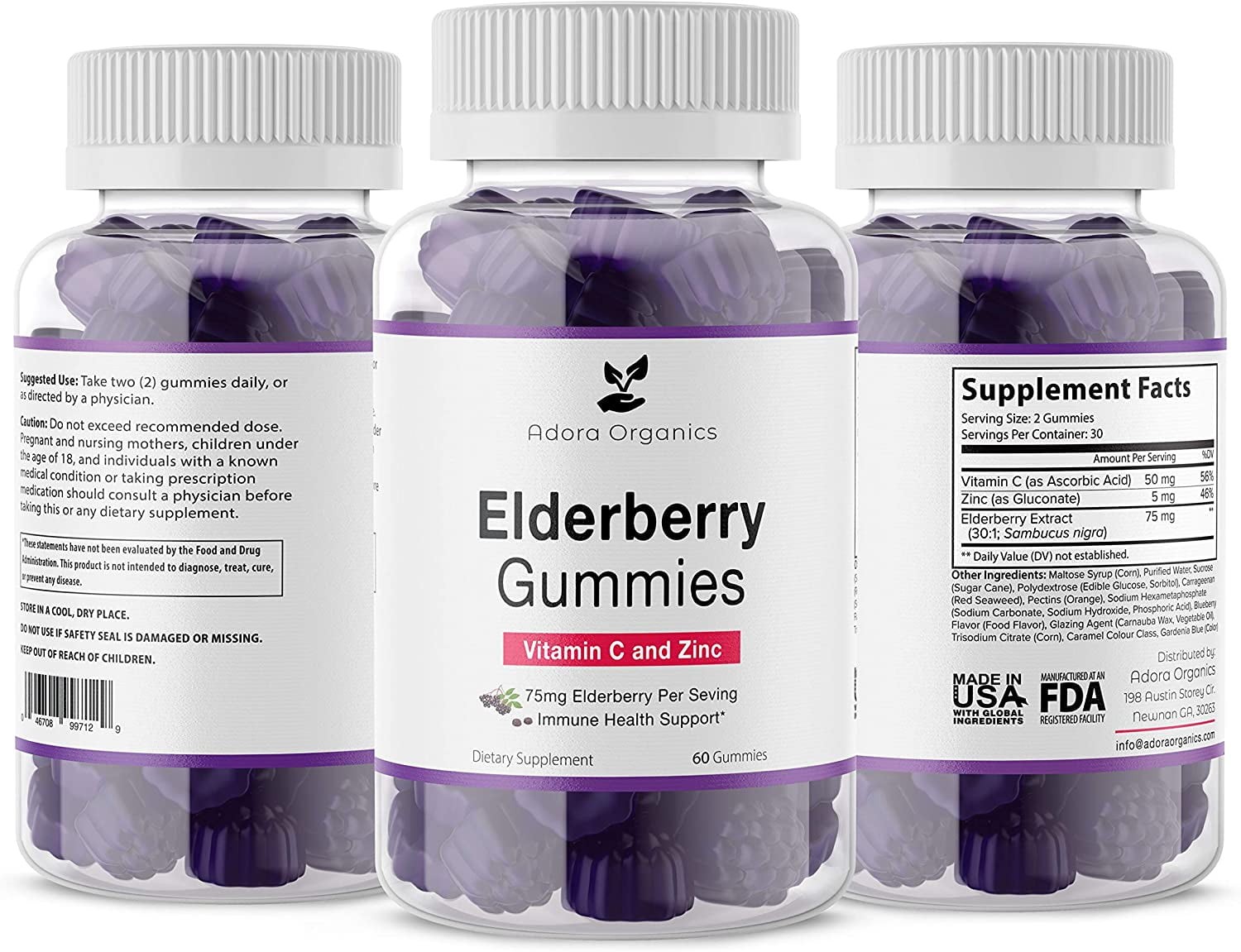 Adora Organics Elderberry Gummies Vitamin C, Zinc, Echinacea and Chaga