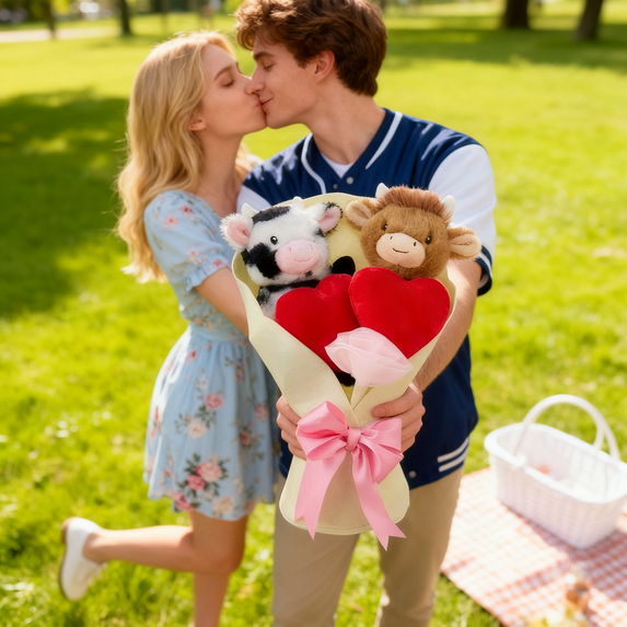 Adorable 13" White Cow Heart Plush Bouquet,Cow Bouquet,Soft Texture, Portable Size, Perfect for Valentine's Day, Anniversary & New Year Decor, Hit with Mom & Women