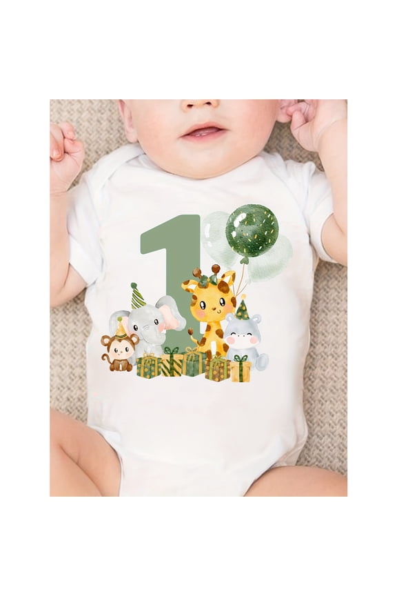 Adorable 1st Birthday Baby Onesie - Cute Animal & Balloon Print, Short Sleeve Romper for Boys & Girls, Soft COtton Fabric, Perfect for Summer Celebrations, Baby Gifts, Perfect for Outdoor