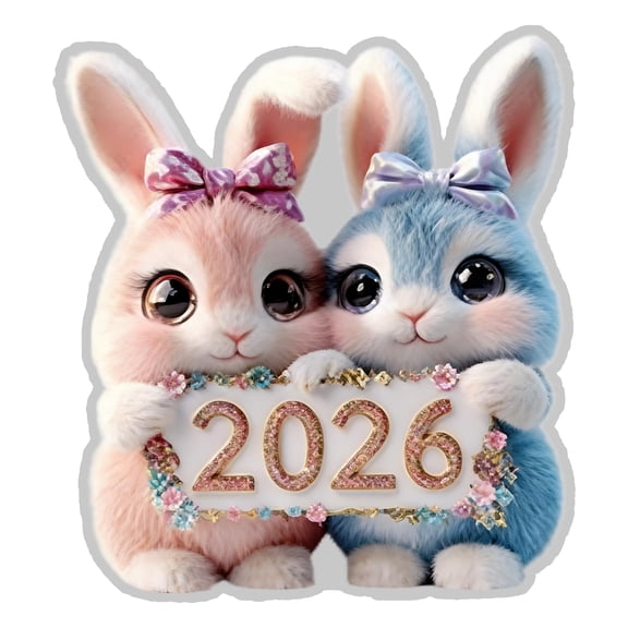 Adorable 2D Acrylic Easter Ornament Featuring A Pair Of Newborn Rabbits, A 2026 Numeral With Dual-Process Gold Foil & Glitter Finish, And Intricately Etched Floral Borders, Ready