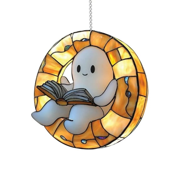 Adorable 2D Reading Book Ghost Suncatcher Hanging Decor, Spooky Whimsy Decoration With Dancing Light Patterns, Premium Acrylic Stained Glass Lightweight Easy To Hang