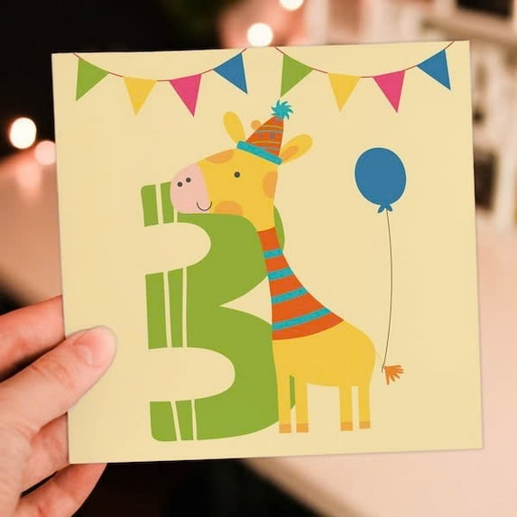 Adorable 3rd Birthday Card for Kids – Cute Giraffe Design with Balloon and Party Hat – Envelope Included, Blank Inside – Perfect Celebration Greeting
