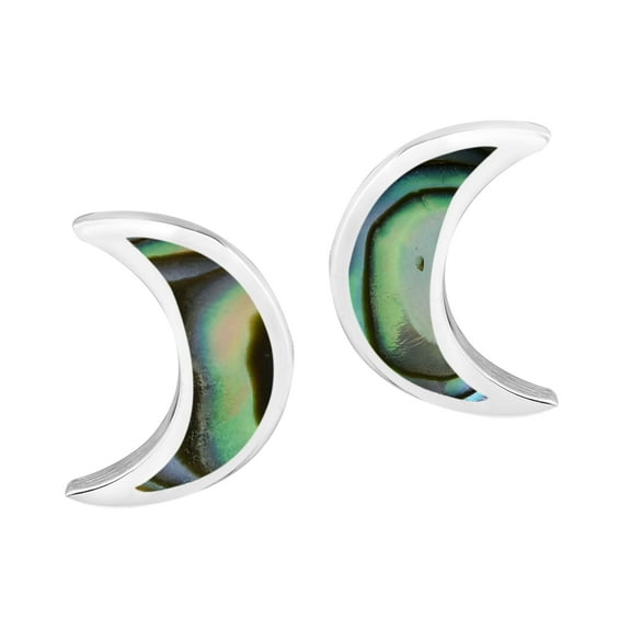 Adorable Abalone Shell Inlay Crescent Moon Shaped .925 Sterling Silver Stud Earrings