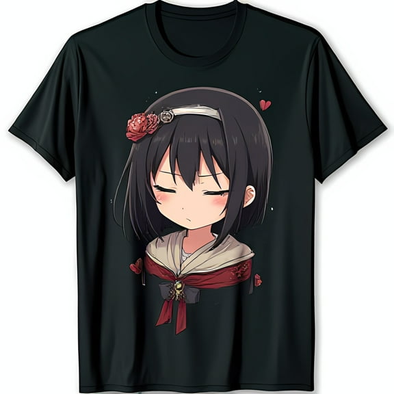 Adorable Anime Girl Graphic Black T-Shirt Short Hair School Design