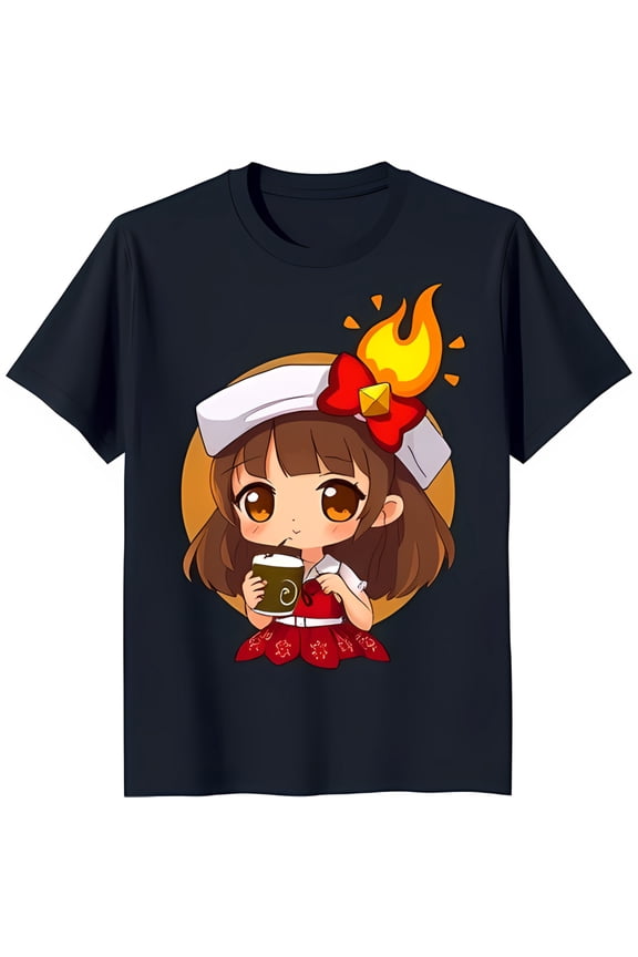 Adorable Anime Girl in Red & White Dress with Coffee Black T-Shirt Graphic