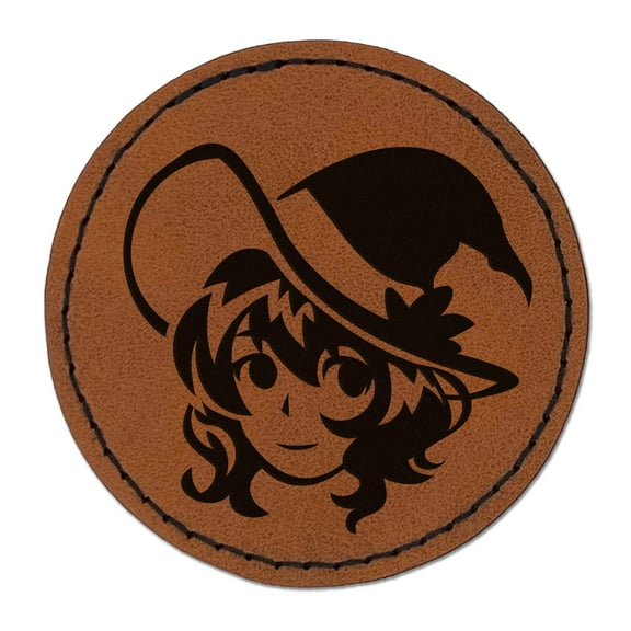 Adorable Anime Witch Girl with Hat Halloween 2.5" Faux Leather Round Engraved Iron-On Patch - Brown