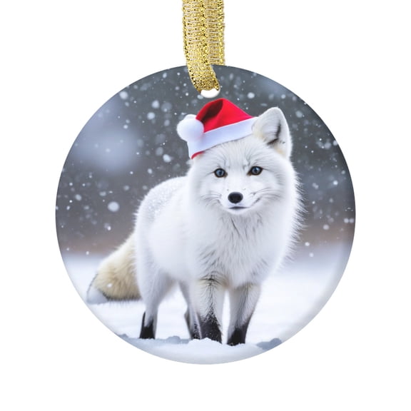 Adorable Arctic Fox Cub in a Santa Claus Hat Baby Foxes Animal Snow Design Novelty Ceramic Christmas Ornament Xmas Holiday Tree Gift