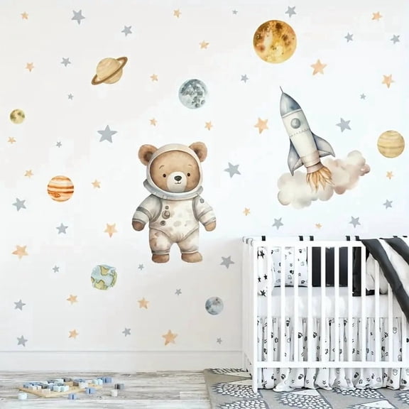 Adorable Astronaut Bear and Space Stars Rocket Wall Decal - Self-Adhesive PVC for Kids' Room Decor