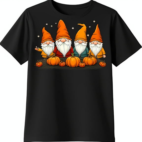 Adorable Autumn Gnomes T-Shirt Cute Fall Design with Pumpkins & Stars on Black