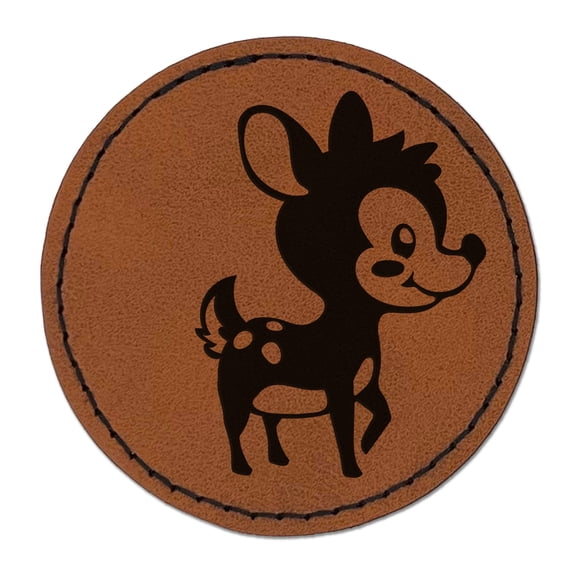 Adorable Baby Deer Fawn 2.5" Faux Leather Round Engraved Iron-On Patch - Brown