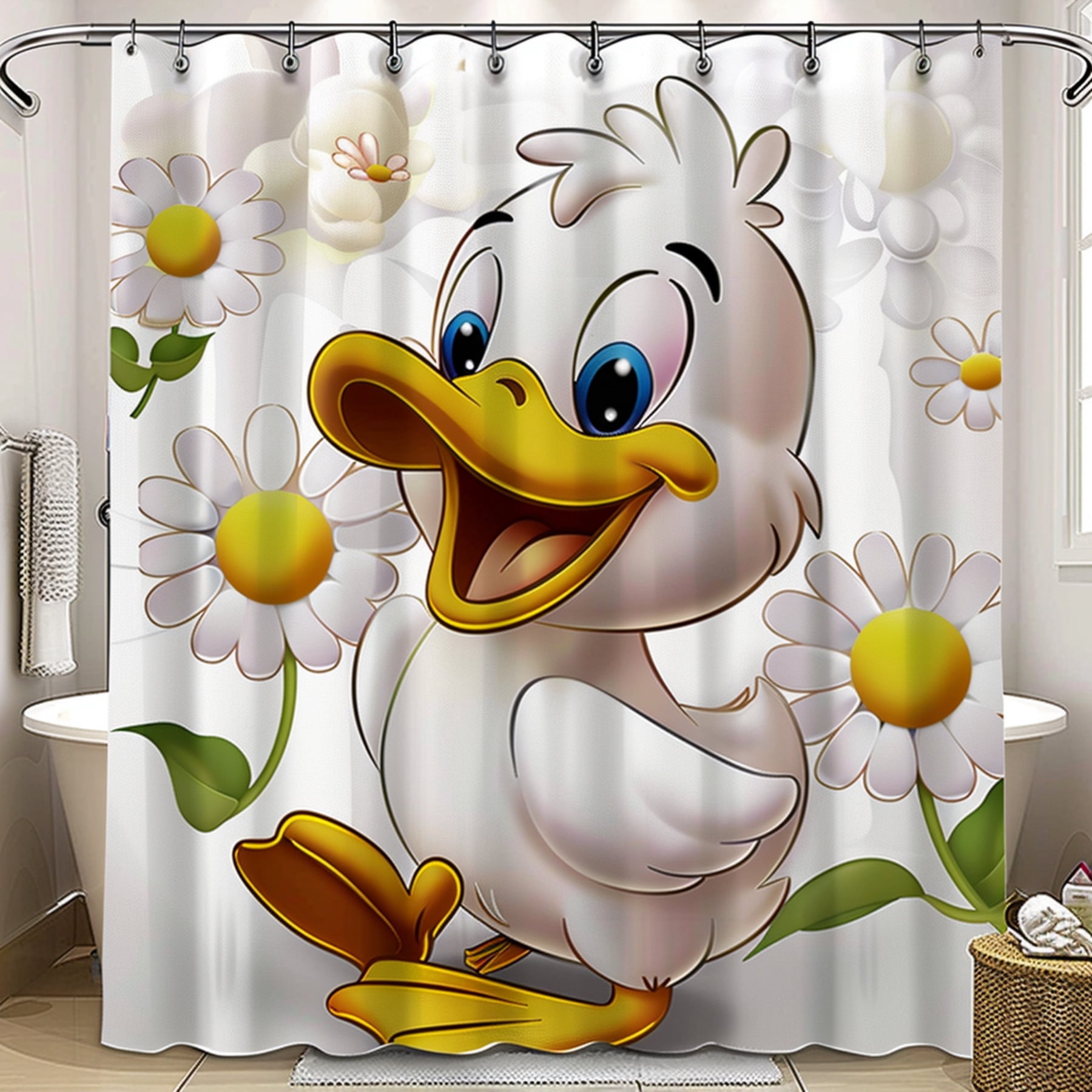 Adorable Baby Duck Shower Curtain with Daisy Flower Background Pixar