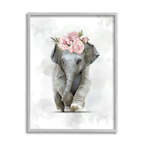 Stupell Industries Adorable Baby Elephant Eye-Catching Pink Flower Crown,11 x 14,Designed by Ziwei Li