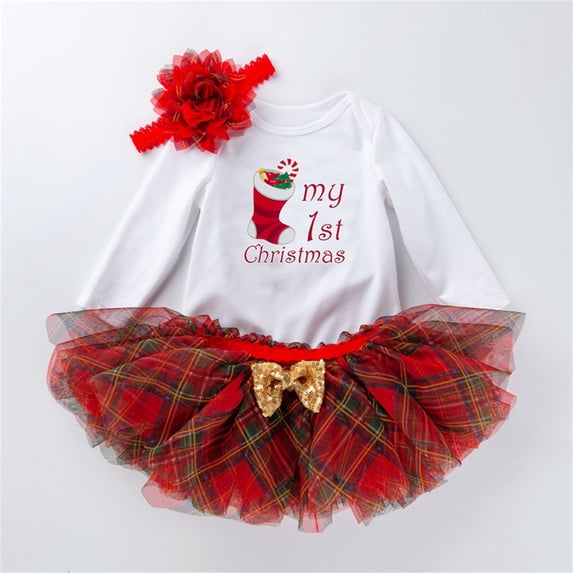 Adorable Baby Girl Christmas Outfit Set Including Letter Print Romper Tutu Dress and Matching Headband for