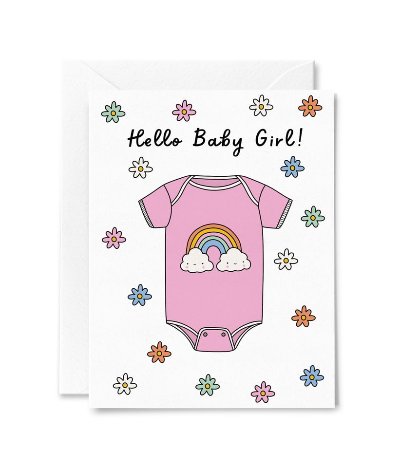 Adorable Baby Girl Greeting Card – Cute Pink Onesie with Rainbow Design ...