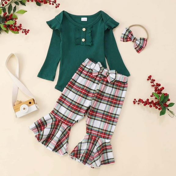 Adorable Baby Girls Ribbed Romper Set Long Sleeve Ruffle Trim Outfit With Plaid Print Pants And Headband For Toddler Photography And