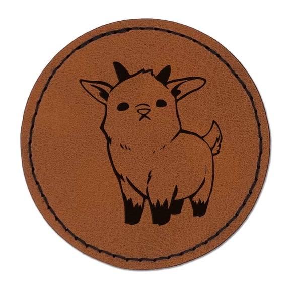Adorable Baby Goat 2.5" Faux Leather Round Engraved Iron-On Patch - Brown