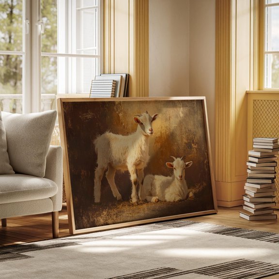 Adorable Baby Goats Resting Poster Gentle Expression Warm Light , Poster Print Only