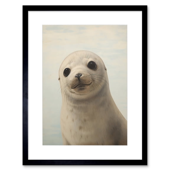 Adorable Baby Seal Pup Portrait Oil Painting Calming Kids Bedroom Cute Arctic Animal Artwork Framed Wall Art Print 9X7 Inch