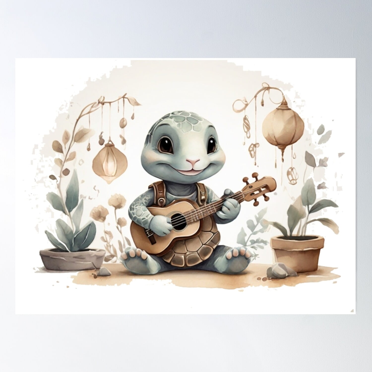 Adorable Baby Turtle Playing Guitar Poster Wall Art, Modern Wall Decor