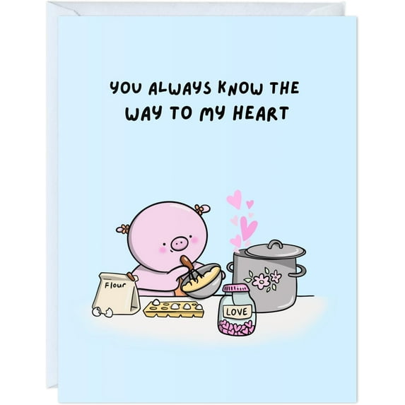 Adorable Baking Card – "You Always Know The Way To My Heart" – Cute Pig Illustration with Cooking Ingredients – Blank Inside – Perfect for Friends, Loved Ones, or Special Occasions