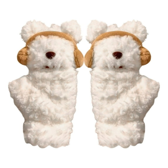 Adorable Bear Headphone Mittens Winter Warm Lined Full Coverage Fingerless Handwear for Outdoor Enthusiasts,White