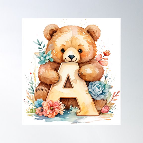 Adorable Bear Hugging Initial Letter "A" Floral Poster Wall Art Modern Wall Decor