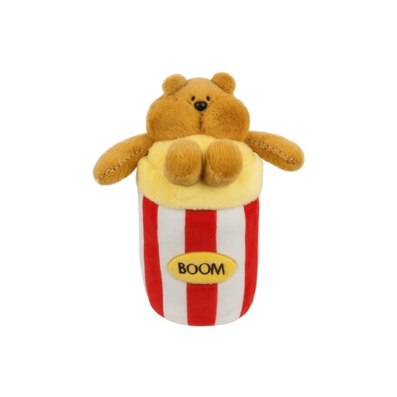 Adorable Bear in Popcorn Bucket Plush Pillow, Ultra-Soft Fluffy Bear Stuffed Toy with BOOM Label, Funny Food-Themed Cuddly Cushion for Home Decor & Gifting