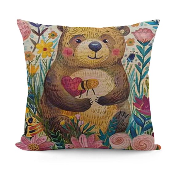 Adorable Bear in Watercolor Floral Decorative Home Office Throw Pillow Case Couch Cushion Cover
