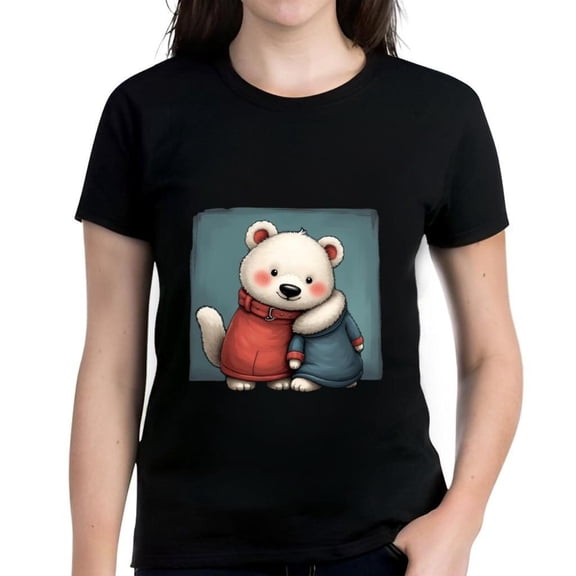 Adorable Bears Cartoon Short Sleeve T-Shirt for Women - Cute Red & Blue Coat Design Perfect for Casual Wear