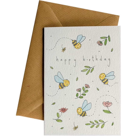 Adorable Bee Happy Birthday Card  Cute Illustrated Design with Bees and Flowers  Blank Inside, Envelope Included  Perfect for Kids and Adults on Their Special Day