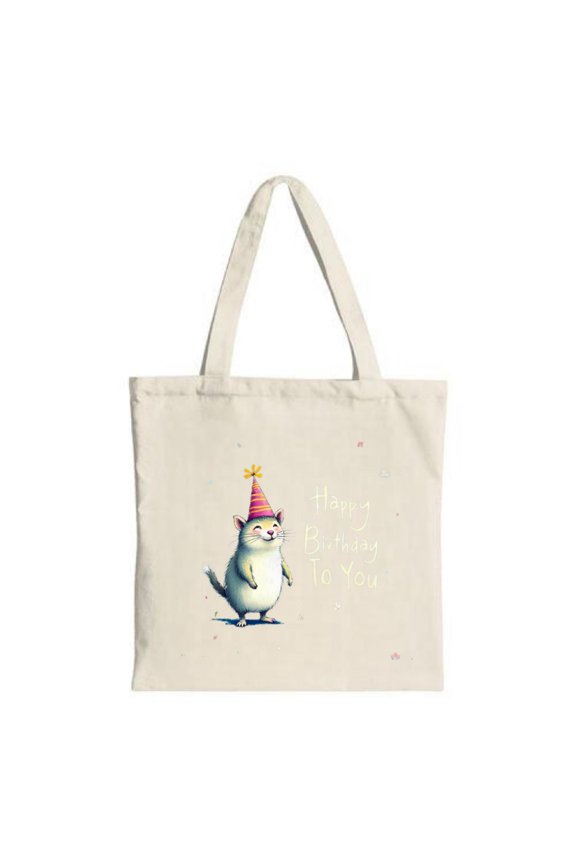 Adorable Beige Tote Bag with Cheerful Animal in Party Hat & ' Happy Birthday To You ' Text - Perfect for Parties & Shopping