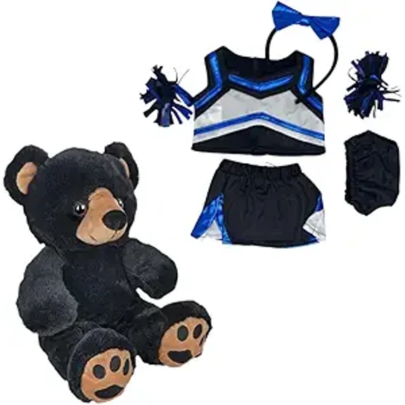 Adorable Black Bear 8 Inch Stuffed Toy in Metallic Royal & Black Cheerleader Costume - Includes Cheer Bow and Pompoms - Perfect Cheerleading Gift for Kids & Collectors