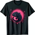 Adorable Black Cartoon Graphic Black TShirt with Pink Splatter Design