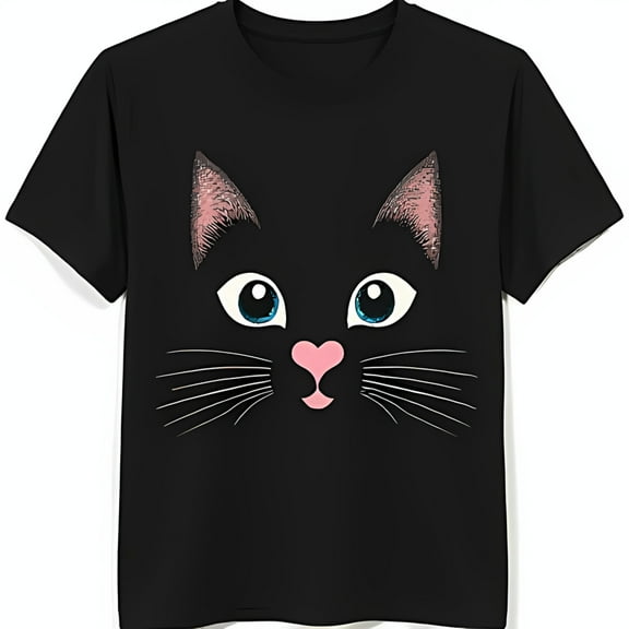 Adorable Black Cat Face Graphic T-Shirt with Blue Eyes & Pink Heart Nose