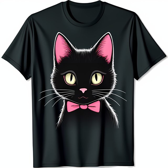 Adorable Black Cat with Pink Bow Tie Graphic TShirt Cute Cat Design on